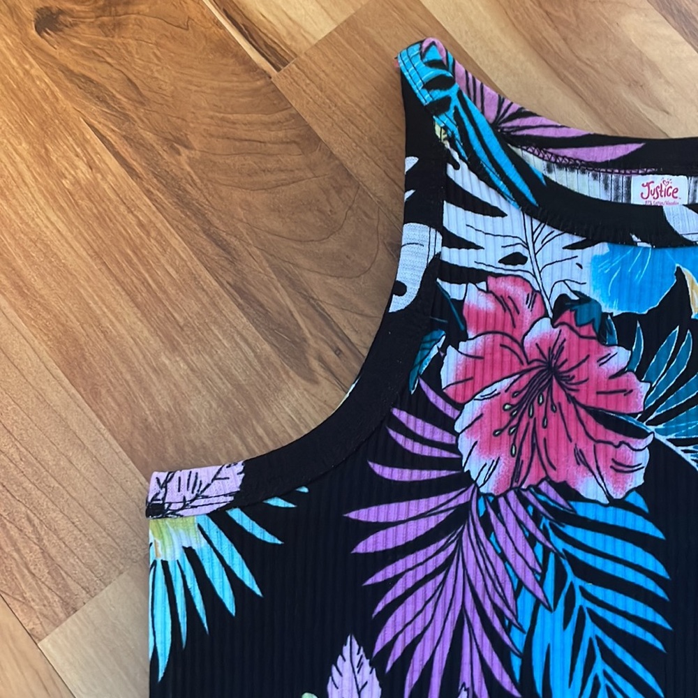 Justice Black Floral Ribbed Hineck Tank Top L (12/14) - Picture 3 of 8